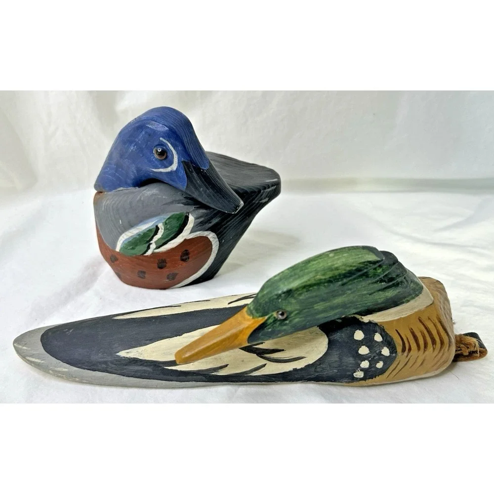 Jim Gibbs Wood Carved Ducks Painted Set 2 Decoy Decor Hanging Folkart 1980s